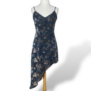 LULUS Black Floral Velvet Asymmetrical Hem Dress Size S Sleeveless High Low Hem